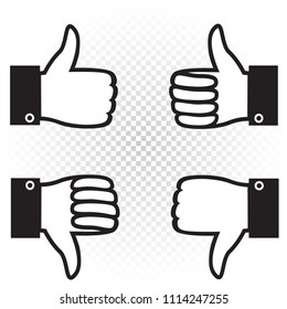 Like and dislike symbol icon set. Black hand palm with raised upward and down thumb finger on white transparent background. Good well and bad sign collection
