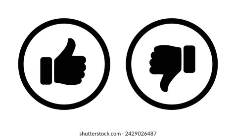 Symbol-Set in schwarzem Kreis. Daumen hoch und runter flaches Symbol in schwarzer Farbkontur. Bewertung und Feedback Die Symbole "Daumen hoch" und "Daumen runter" sind auf weißem Hintergrund isoliert.