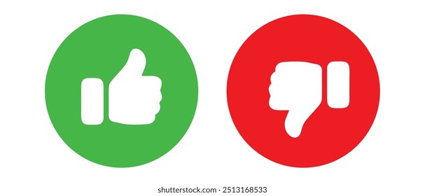 Like and dislike symbol set in green and red circle. Thumbs up and down flat icon set in white color. Rating and feedback Thumbs-Up and Thumbs-down icon set isolated on white background.vector.