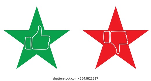 Like and dislike symbol set in green and red circle. Thumbs up and down flat icon set in white color. Rating and feedback Thumbs-Up and Thumbs-down icon set isolated on white background. 333