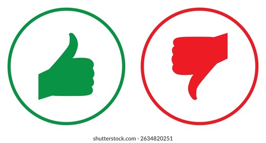 
Like and dislike symbol set in green and red circle. Thumbs up and down flat icon set in white color. Rating and feedback Thumbs-Up and Thumbs-down icon set. Vector illustration. 