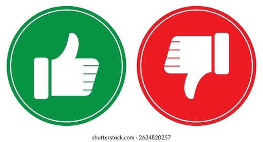 
Like and dislike symbol set in green and red circle. Thumbs up and down flat icon set in white color. Rating and feedback Thumbs-Up and Thumbs-down icon set. Vector illustration. 