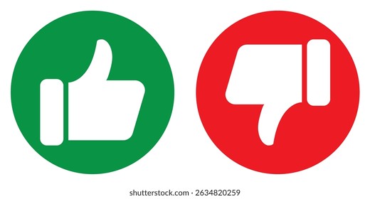 
Wie und Abneigung Symbol in grünen und roten Kreis gesetzt. Daumen hoch und runter flaches Symbol in weißer Farbe gesetzt. Bewertung und Feedback Thumbs-Up und Thumbs-Down Symbolsatz. Vektorgrafik. 