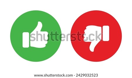 Like and dislike symbol set in green and red circle. Thumbs up and down flat icon set in white color. Rating and feedback Thumbs-Up and Thumbs-down icon set isolated on white background.