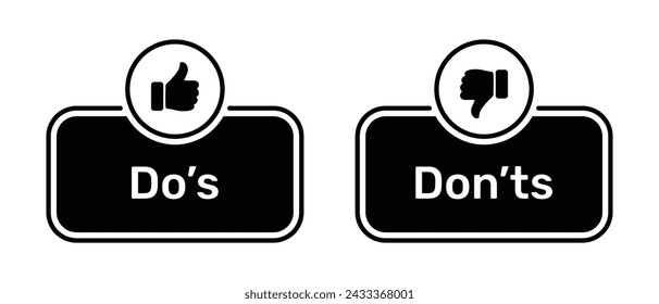 Like and Dislike symbols with Do's and Don'ts buttons black color. Do's and Don'ts button with thumbs up and thumbs down symbols. Checkbox icon with do and don't buttons with thumbs up and down signs.