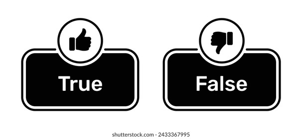 Like und Dislike Symbole mit True und False Schaltflächen schwarze Farbe. True- und False-Schaltflächen mit Daumen nach oben und Daumen nach unten Symbole. Kontrollkästchen-Symbol mit wahren falschen Knöpfen mit den Daumen nach oben und unten.