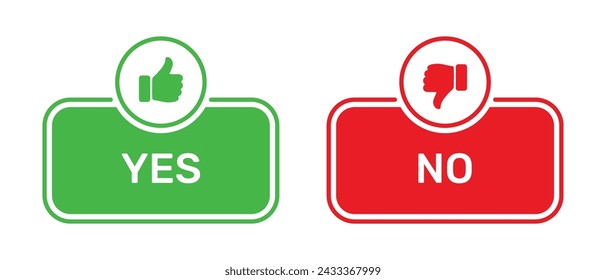 Like and Dislike symbols with Yes and No buttons green and red color. Yes and No buttons with thumbs up and thumbs down symbols. Checkbox icon with yes and no buttons with thumbs up and down symbols.