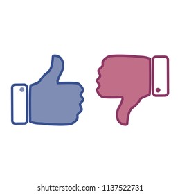 like and dislike thumb blue white red color button.  Vector illustration, modern icon with white background