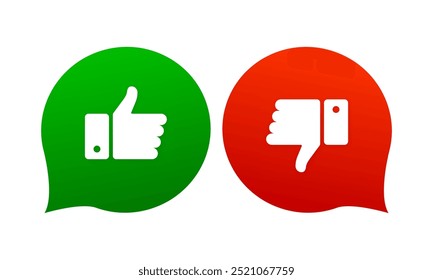 Like and Dislike. Thumb up and thumb down labels. Up and down finger sign. Green and red. Vector illustration.