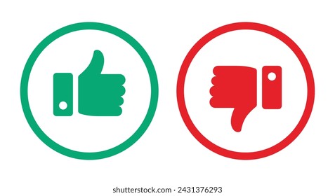 Like and dislike thumb icon symbol set in outline circle in green and red color for social media on white background. Rating thumb icon set - Vector Icon