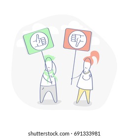 Like, Dislike, Thumbs up and Thumbs down. Flat line Social Media illustration. Two cute cartoon characters hold signs with like and dislike symbol. Vector concept.