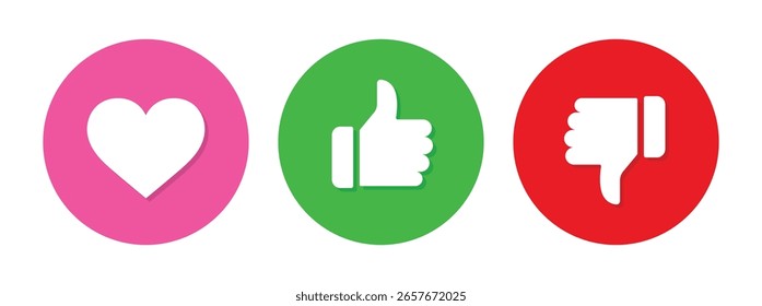 Tipo, antipatia, polegares para cima, polegares para baixo, coração ícones de feedback de mídia social em vermelho, verde e cor-de-rosa, ilustração vetorial.