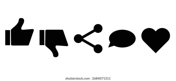 Guardar Me gusta, no me gusta, no me gusta, comentar, compartir, ver, mensaje, golpe, conjunto de iconos.