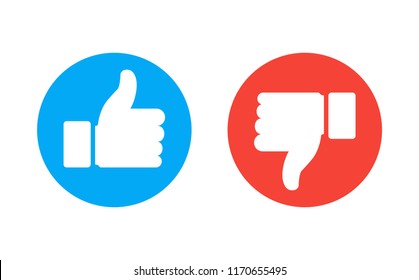 Like and Dislike Vector Flat Icons. Design Elements for SMM, CEO, APP, UI, UX, Marketing, Business, Advertisement, Digital Network. Thumb up and down red and blue icons. Vector illustration.