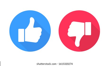 Like and Dislike vector flat icons. Thumbs up and thumbs down circle emblems. Blue and red buttons. Up and down thumbs icon. Approve and disapprove. 