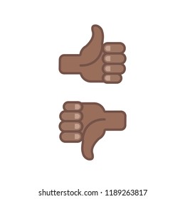 Like and dislike vector icons, dark skin tone, thumbs up and down