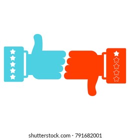 Like and dislike vector sign. Conceptual symbol for approval in social media, support for friend and follower, popularity in Internet. Flat cartoon illustration. Objects isolated on white background.