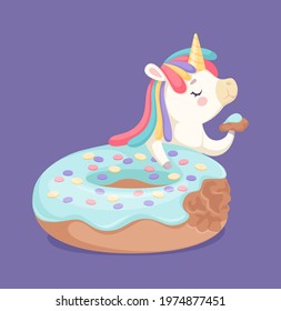 I like donuts. Yummy glazed cake and cartoon unicorn eating slice. Bakery or cafe poster illustration, cute baby vector print