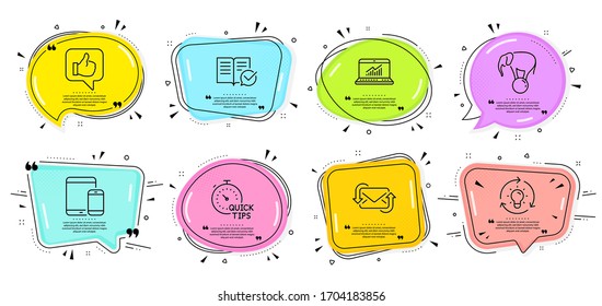 Como, Elephant en bolas y recibes los signos de correo. El discurso burbuja con las citas. Estadísticas en línea, Consejos rápidos e iconos de línea Idea. Dispositivos móviles, símbolos de documentación aprobados. Vector