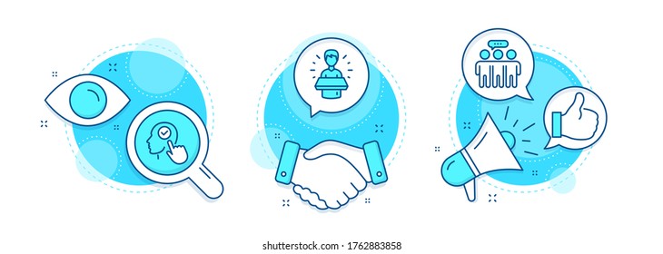 Like, Employees group and Brand ambassador line icons set. Handshake deal, research and promotion complex icons. Select user sign. Thumbs up, Collaboration, Man speak. Head with checkbox. Vector