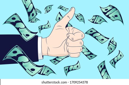 Like and enjoy money - Hand with thumbs up surrounded by lots of paper bills flying around. Earning, profits, rich and financial freedom concept.