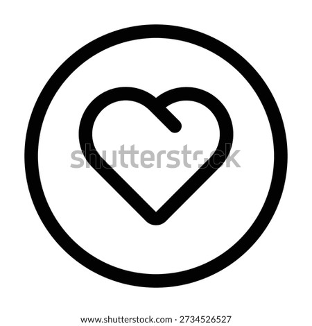 A like or favorite button icon. The design features a heart shape centered within a black circle outline, symbolizing love, appreciation, liking a post, and social media interaction.