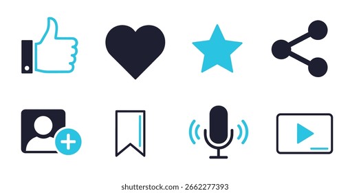 Conjunto de iconos vectoriales como y favoritos con calificación de pulgar hacia arriba del corazón y símbolos de redes sociales