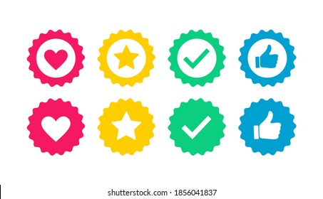 Like, favorites, tested and best quality, stamp icons design. Heart, star, check mark and thumb up signs for sticker design.