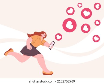 Like and feedback. Person hold smartphone and running to share likes with friends. Social media addiction, influence or virtual love kicky vector character