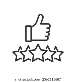 Like five stars, icon in line design. Five stars, rating, stars, five-star, review, feedback, rating system on white background vector. Like five stars editable stroke icon