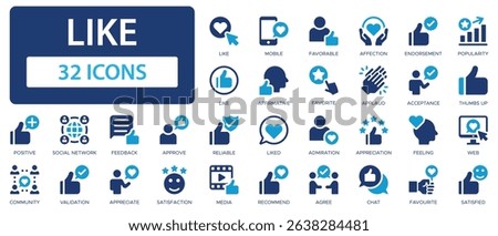 Like flat icons collection. positive, validation, feedback, approve, reliable, liked, recommend, favorable, affection sign set.