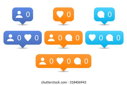 Like, follow, comment icons in flat style. Orange and blue notification tooltip with heart, user, speech bubble, counter, shadow on white background. Set 01. Vector illustration design element 8 eps