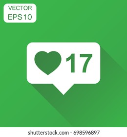 Like, follower, comment bubble icon. Business concept internet pictogram. Vector illustration on green background with long shadow.