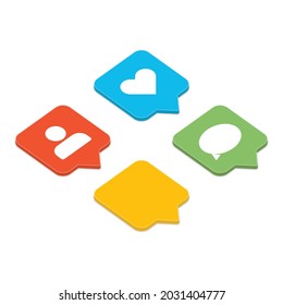Como, los iconos de seguidor y comentario se establecen. Icono de notificación de medios sociales en isométrico. Firmas de aplicaciones de redes sociales. Burla nuevas notificaciones de contadores. Piso, sencillo. 