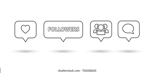 Like, follower, comment icons, speech bubbles, followers black line icon, isolated on white background with shadow. Logo talk bubble liner icon. Vector illustration. Social media element design.