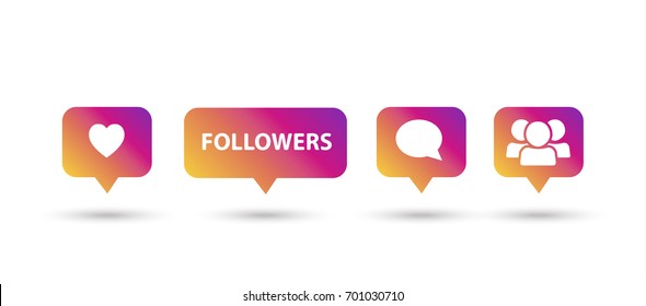 Like, follower, comment icons, speech bubbles, followers icon multicolored soft, isolated on white background with shadow. Logo sunset color gradient. Vector button. Social media element design. 2023