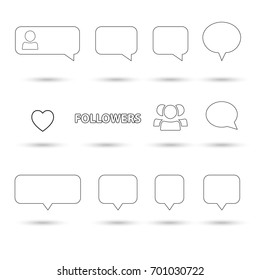Like, follower, comment icons, speech bubbles, followers black line icon, isolated on white background with shadow. Logo talk bubble liner icon. Vector button. Social media element design.