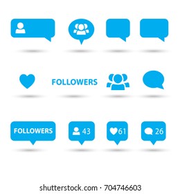 Like, follower, comment icons, speech bubbles, followers icon blue color, isolated on white background with shadow. Logo talk bubble. Vector button. Social media element flat design. 2022 app insta