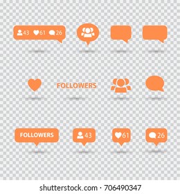 Like, follower, comment icons, speech bubbles, followers icon, heart logo orange color shadow Logo talk bubble set Vector internet button template Social media element flat design collection instagram