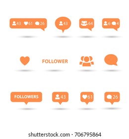 Like, follower, comment icons, speech bubbles, followers icon, heart logo, orange color and shadow. Logo talk bubble set. Vector internet button template. Social media element flat design collection