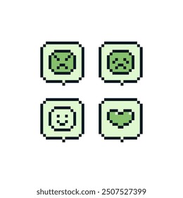 Like, follower, comment, message and smile pixel art icon, heart social media notification. Web site design. 8-bit. Isolated abstract pixel art vector illustrations.
