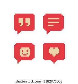 Like, follower icon. Pixel art. Comment, message and smile. Heart social media notification. Web site design. 8-bit. Isolated abstract pixel art vector illustrations.