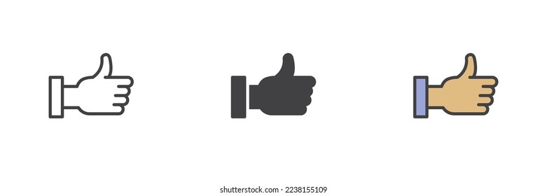 Like gesture different style icon set. Line, glyph and filled outline colorful version, Thumbs up outline and filled vector sign. Symbol, logo illustration. Vector graphics
