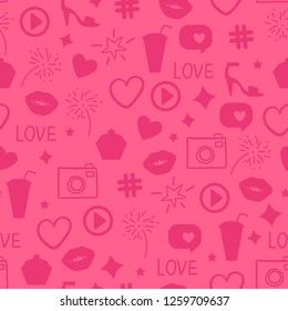 Like girly pattern. Abstract pink icon texture. Seamless design surface background. Vector illustration Kiss, like, heart, camera, beauty party.