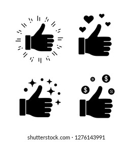 Like glyph icons set. Silhouette symbols. Thumbs up, financial success. Good, nice, ok hand gestures. Social media voting. Rating, ranking. Vector isolated illustration