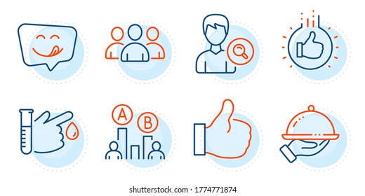 Like, Like hand and Ab testing signs. Group, Blood donation and Search people line icons set. Restaurant food, Yummy smile symbols. Group of users, Medicine analyze. People set. Vector