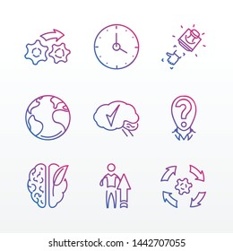 like hand confirm stamp good result goal achievement idea plan globe earth time clock problem subject question process comlete bio technology hacking mind brain work vector gradient thin line icon set