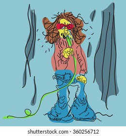 Like Hand Drawn Vintage Singer, Hippie Rock Musician Singing on the Stage Colored With Color Separation. Vector, Illustration