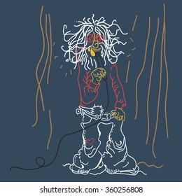 Like Hand Drawn Vintage Singer, Hippie Rock Musician Singing on the Stage. Vector, Illustration