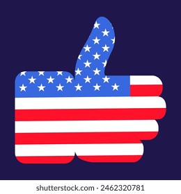 Like hand gesture of approval and great holiday mood. Festive element, attributes of July 4th USA Independence Day. Flat vector icon in national colors of american flag on dark blue background